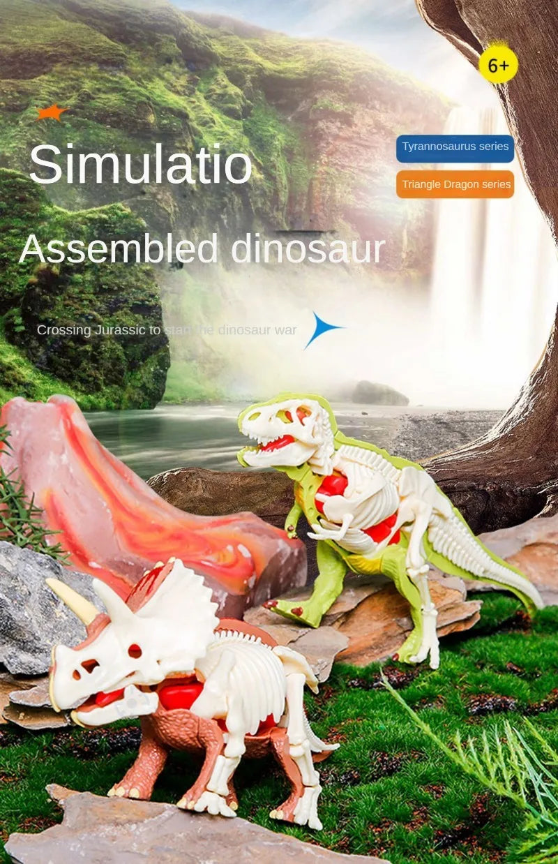 Asssembled dinosaur model figures displayed in a prehistoric landscape with rocks and greenery.