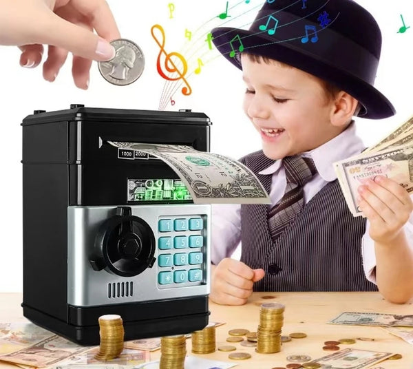 A child is handling a black automatic bank note piggy bank with security features, surrounded by currency.