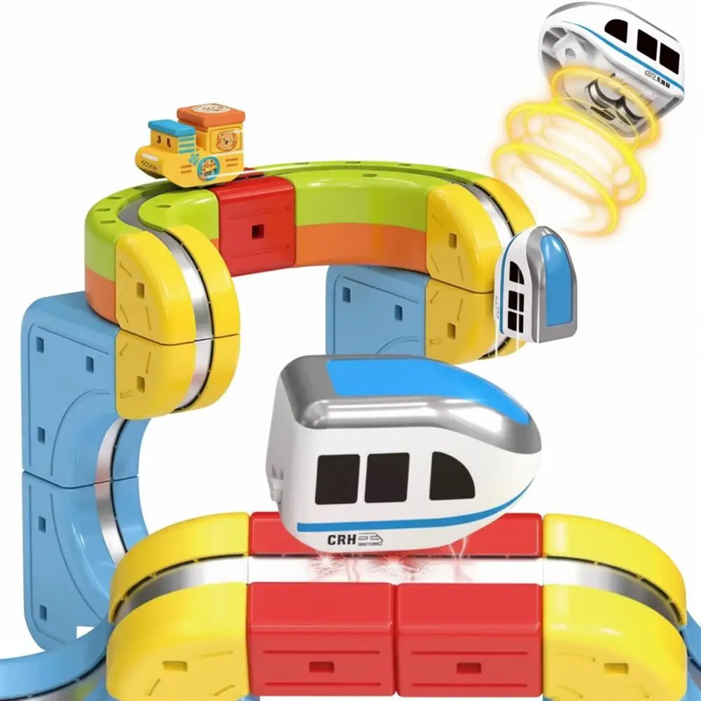 A colorful anti-gravity magnetic mini train set with yellow, red, and blue components and a white locomotive.
