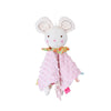 A white plush baby comforter security toy with pink accents and a floral fabric detail.