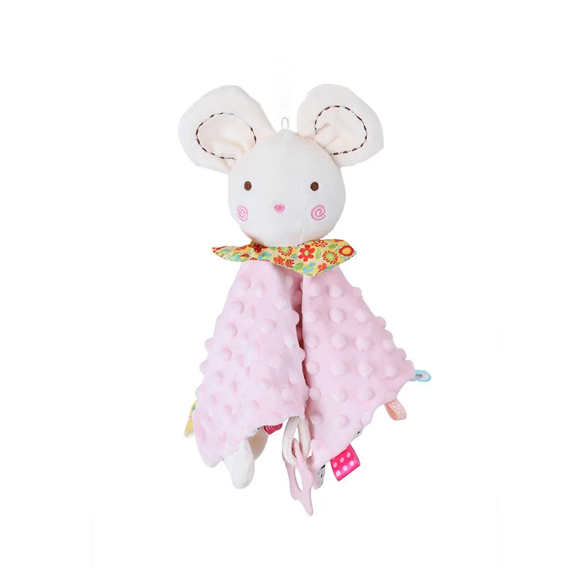 A white plush baby comforter security toy with pink accents and a floral fabric detail.
