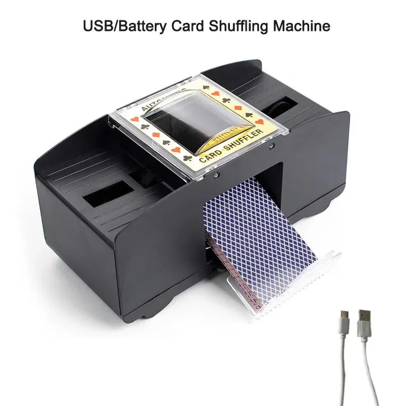 A black USB/Battery card shuffling machine with a clear plastic deck visible inside.