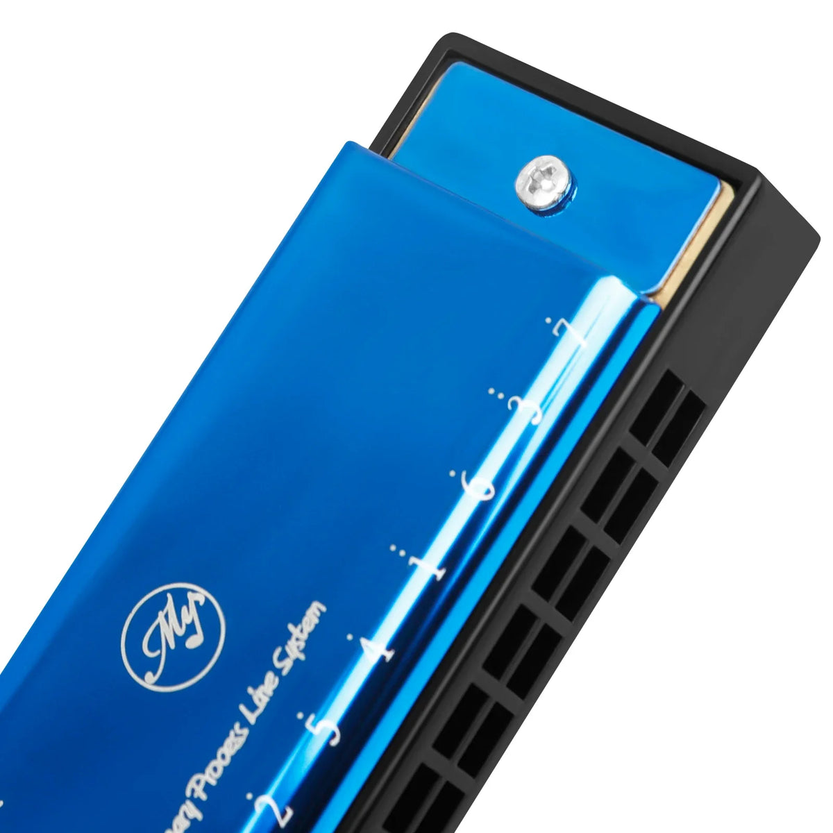 A blue harmonica in a black hard case with a silver tuning mechanism visible.