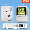Front and back views of a white instant print camera showing accessories like a lanyard, paper, and USB cable.