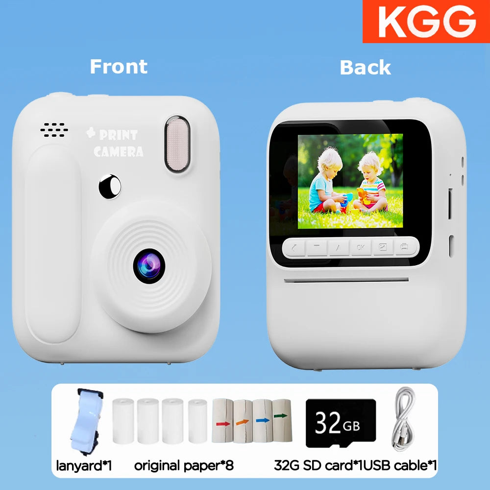 Front and back views of a white instant print camera showing accessories like a lanyard, paper, and USB cable.