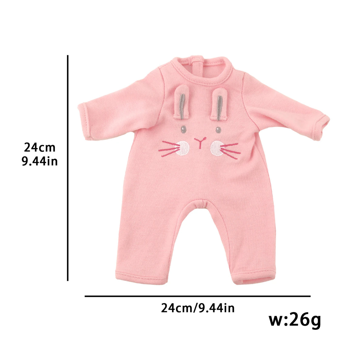 A pink baby bodysuit with a cute face design for a doll