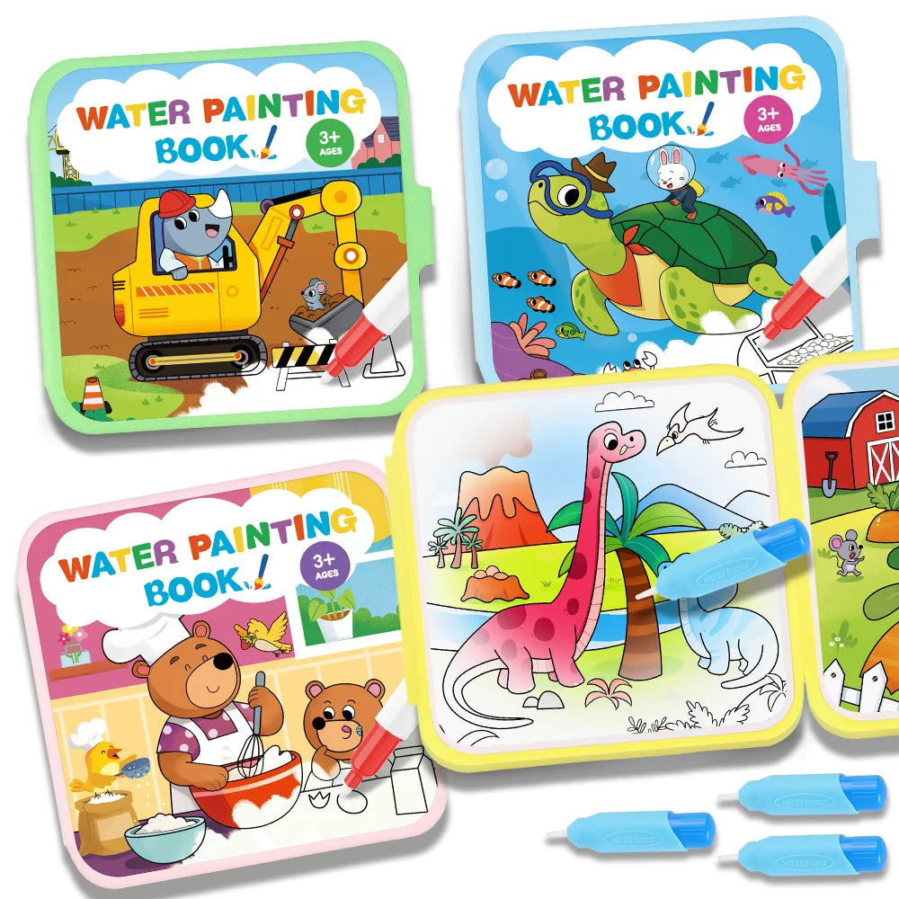 A set of four reusable water painting books featuring animals and scenes for children.