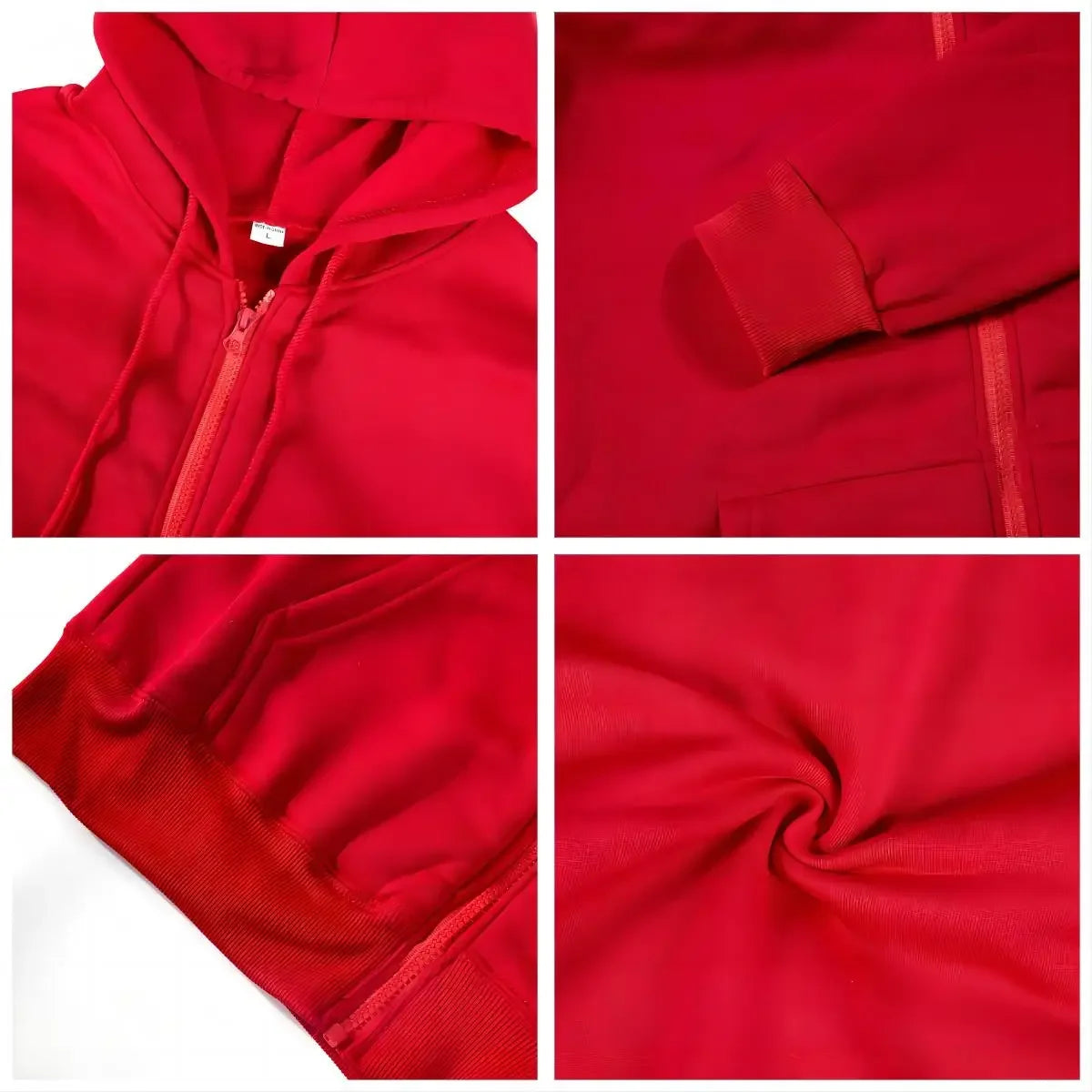 Close-up views of a red oversized zip-up hoodie showing the front zipper, sleeve detail, and fabric texture.