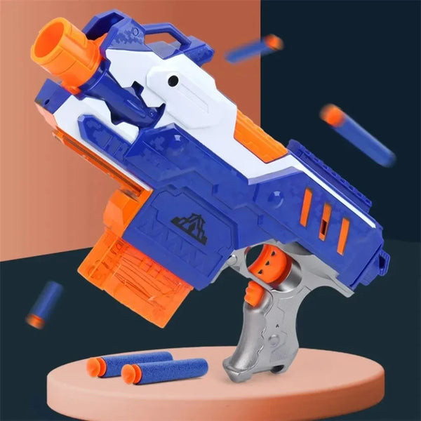 Recharge de fléchettes en mousse bleues et blanches pour blaster Nerf, vue en angle dynamique sur fond sombre