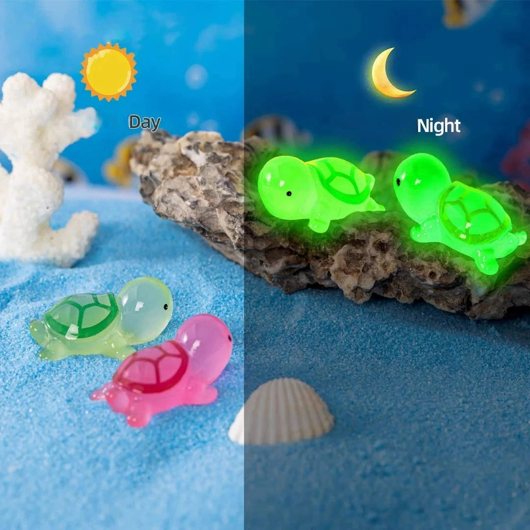 Two glow in the dark mini turtle figurines, one green and one pink, displayed in daytime and nighttime settings.