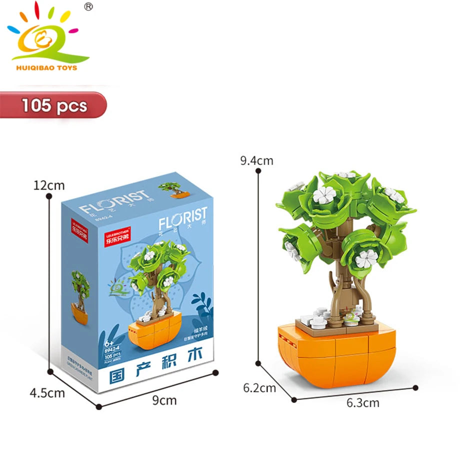 A set of 105 plant building blocks featuring a green tree with white flowers and an orange pot.