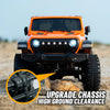 Orange 1:18 scale RC Jeep with upgraded chassis for high ground clearance