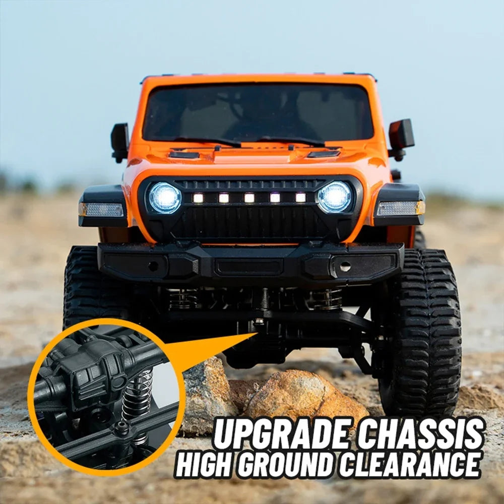 Orange 1:18 scale RC Jeep with upgraded chassis for high ground clearance