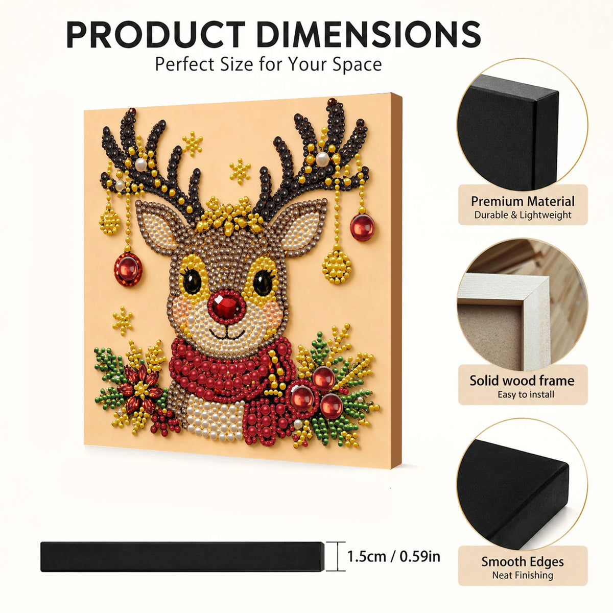 Framed deer head art kit featuring a reindeer with antlers and a red beaded scarf on a wooden background