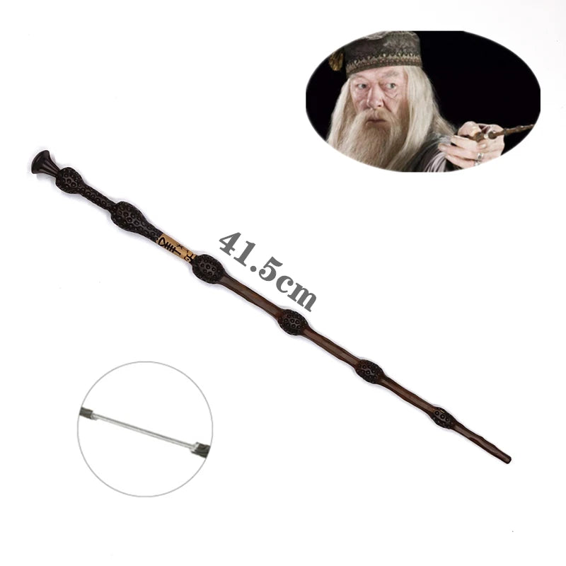 A long, elegant metal cosplay magic wand with a decorative handle and a head featuring an elderly man's face.