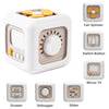 A white Montessori pop-up animal toy with various interactive features including a fan spinner switch button and mirror TV.