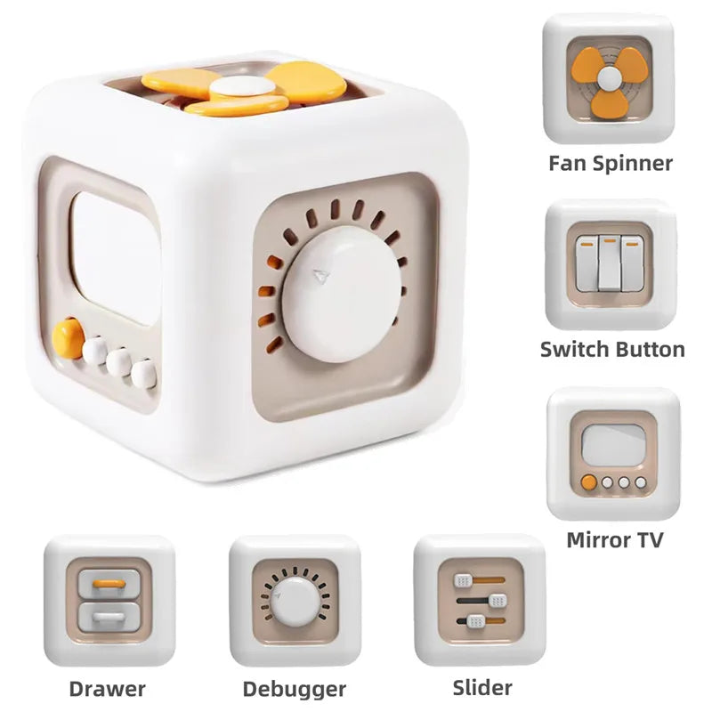 A white Montessori pop-up animal toy with various interactive features including a fan spinner switch button and mirror TV.