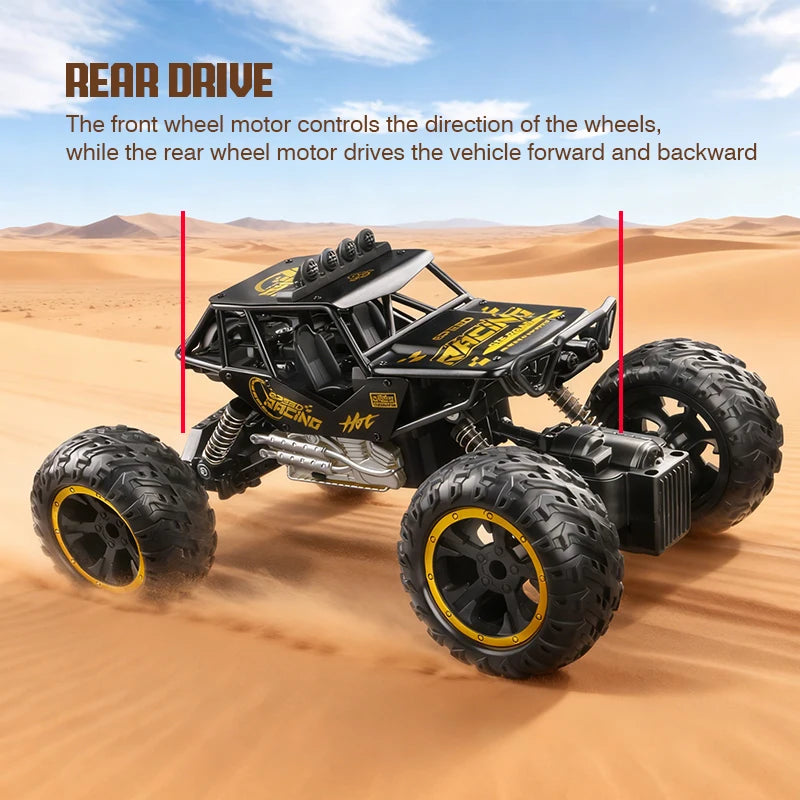 A black off-road RC car is driving across a sandy desert landscape.