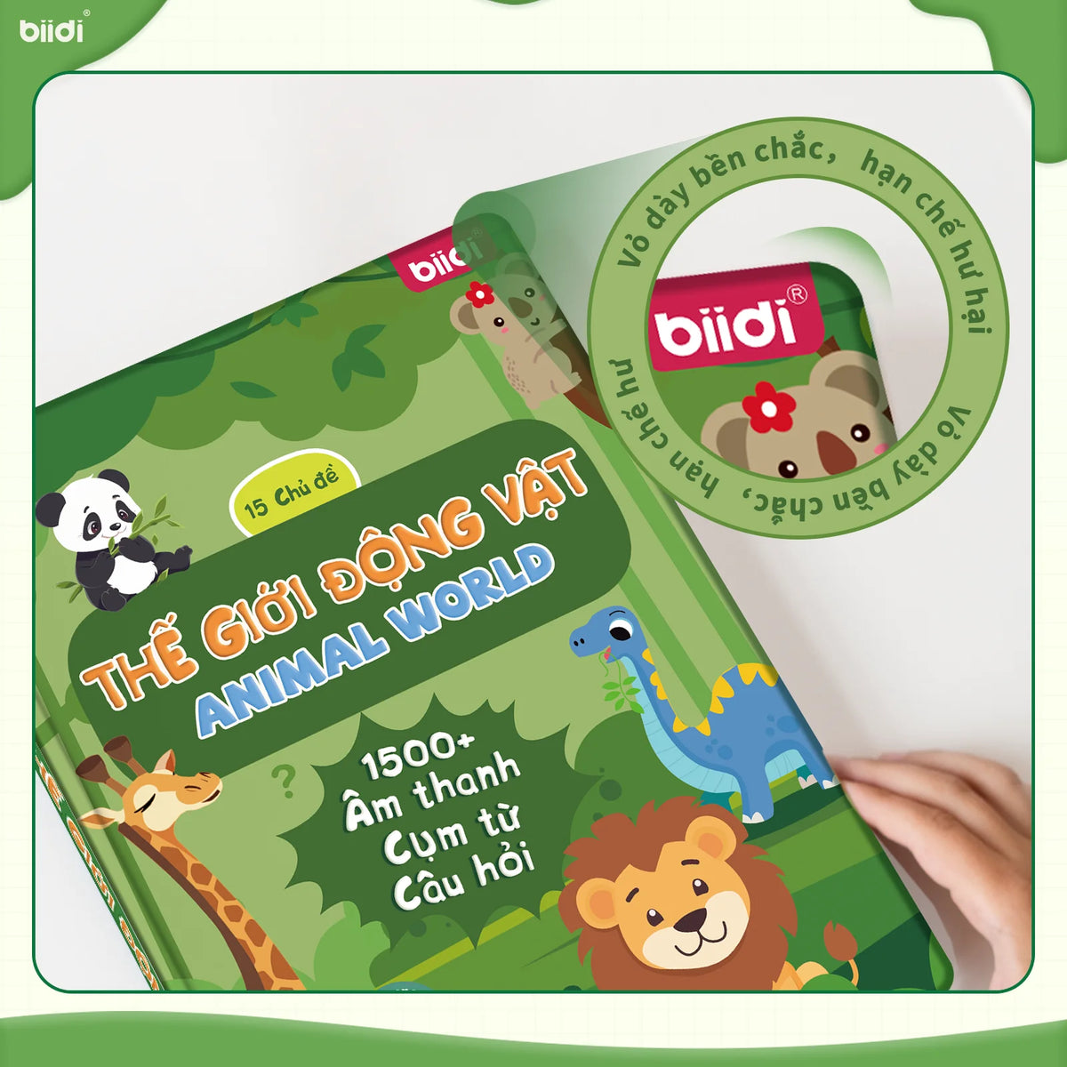 A green children's book titled Thẻ Giới Đồng Vật Animal World featuring illustrations of various animals and a circular logo.