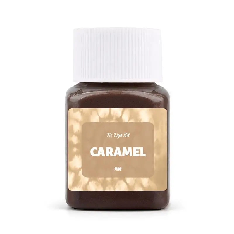 A dark brown jar of Caramel textile fabric dye powder with a white cap.