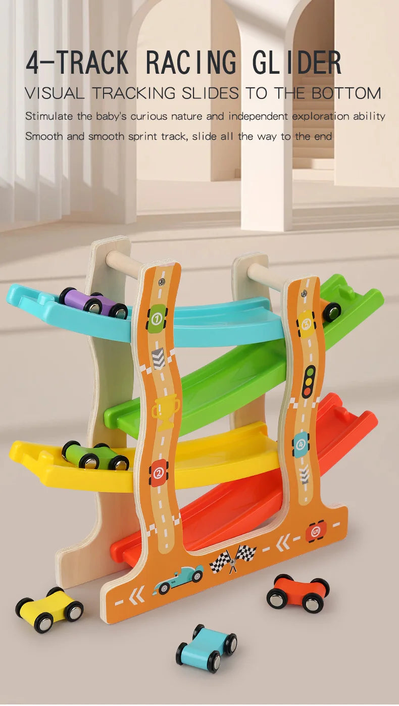 A set of four wooden racing gliders and tracks for children to use in a visual tracking activity.