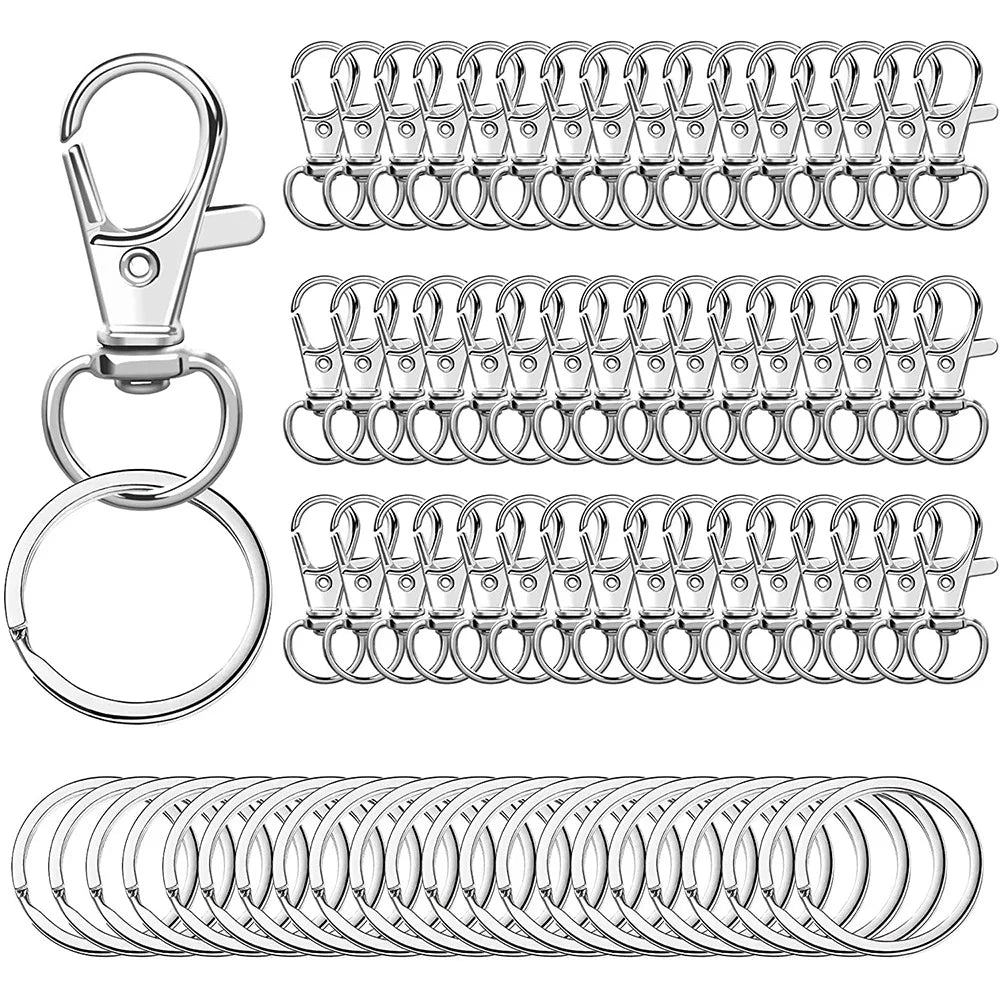 A collection of premium metal swivel snap hooks and key rings arranged in multiple rows.