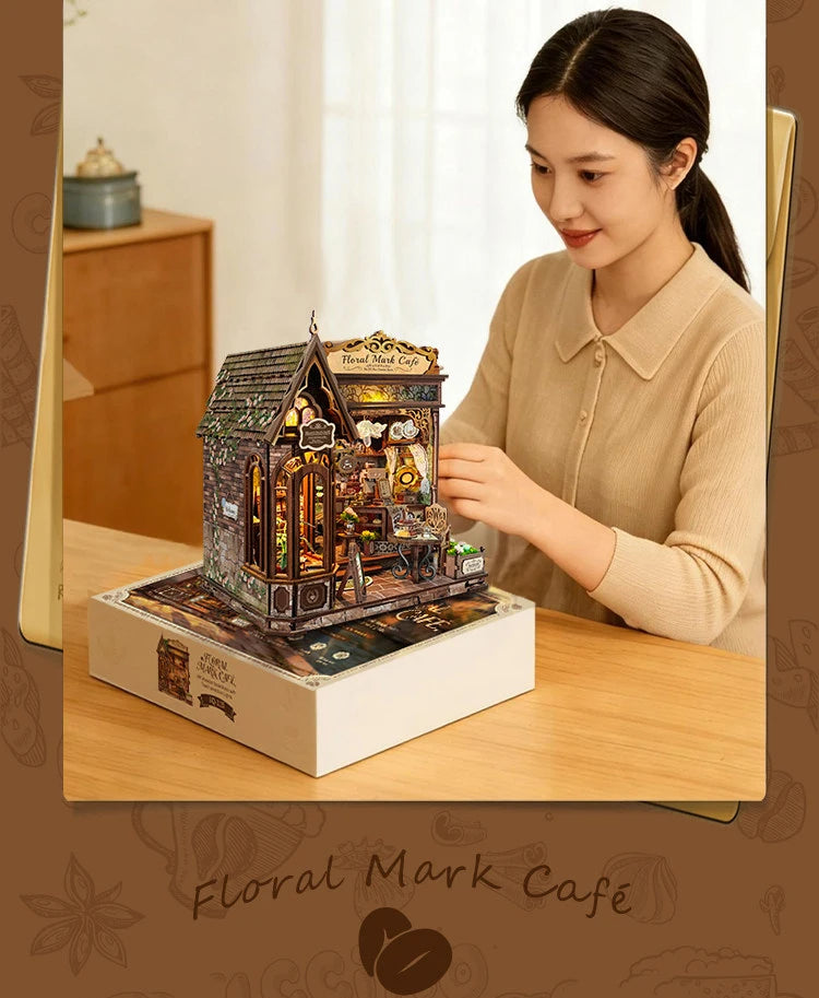 DIY Wooden Flower Shop Café Dollhouse Miniature Kit with LED Lighting