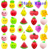 A collection of 24 mixed mini kawaii fruit and vegetable squishy toys in various colors like strawberry, lemon, avocado, and 