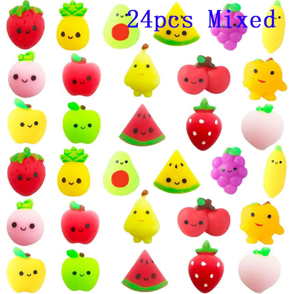 A collection of 24 mixed mini kawaii fruit and vegetable squishy toys in various colors like strawberry, lemon, avocado, and 