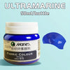 A bottle of Ultramarine fabric colour paint labeled Marie Fabric Colour 443 in a blue background.