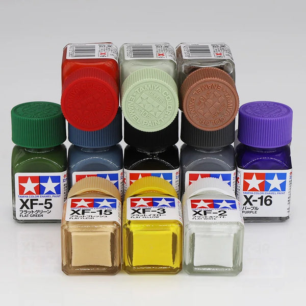 Juego de pinturas acrílicas en varios colores y tonos para modelismo y detalle, en frascos pequeños de plástico.