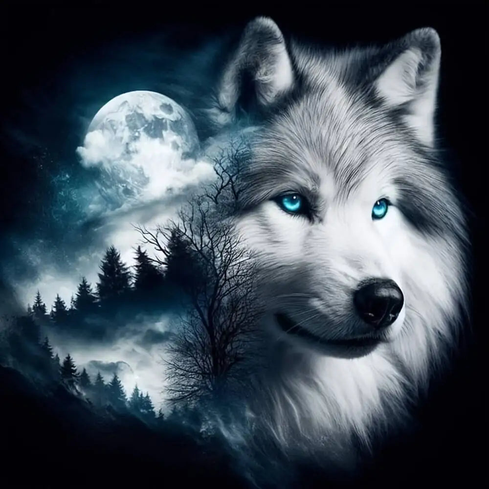 A majestic white wolf's face looking forward under a bright full moon in a dark, atmospheric setting.