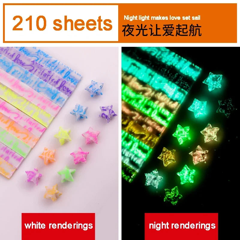 A set of 210 sheets of origami star strips in various colors, shown alongside night light renderings.