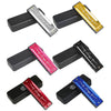 A set of ten harmonica in C with colorful metal shells shown from various angles.