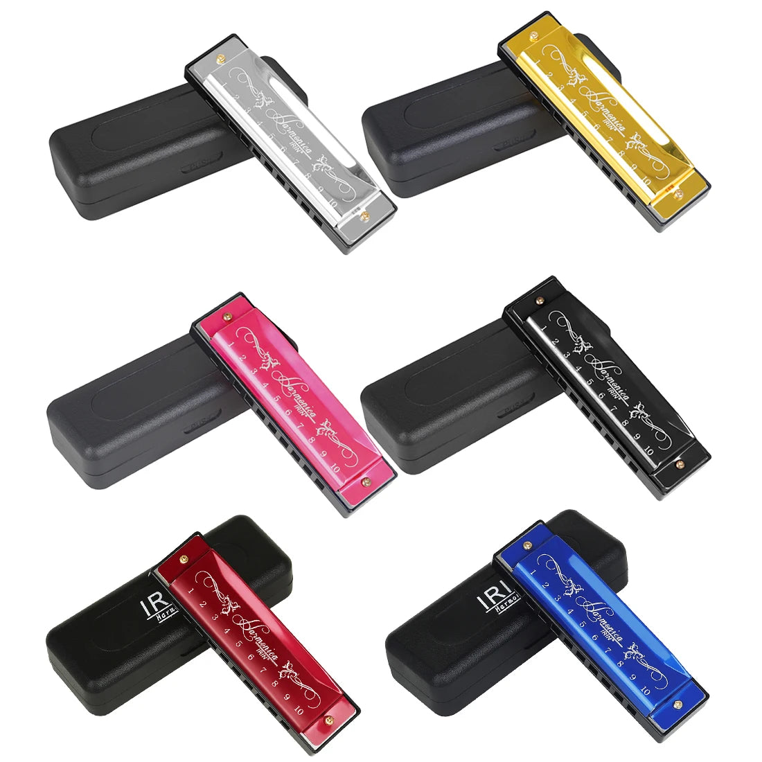 A set of ten harmonica in C with colorful metal shells shown from various angles.