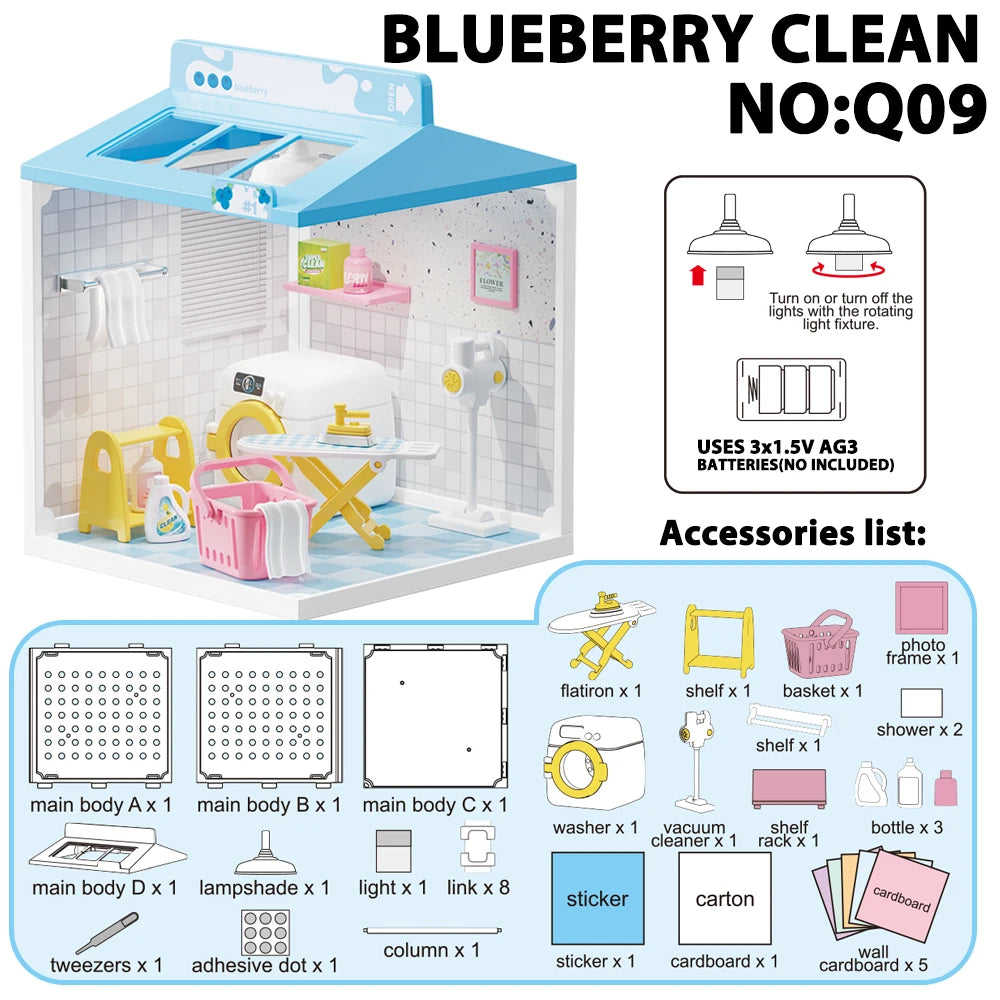 Blueberry Clean NO:Q09 miniature DIY dollhouse furniture assembly kit with various accessories