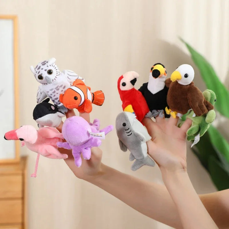 Adorable Mini Plush Finger Puppet Set – Parrot, Peacock, Shark & Octopus