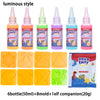 A set of six glow-in-the-dark liquid bottles and eight silicone molds for a DIY kit featuring an elf companion.