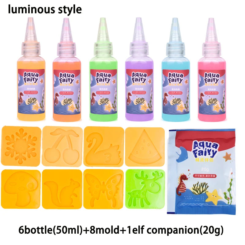 A set of six glow-in-the-dark liquid bottles and eight silicone molds for a DIY kit featuring an elf companion.