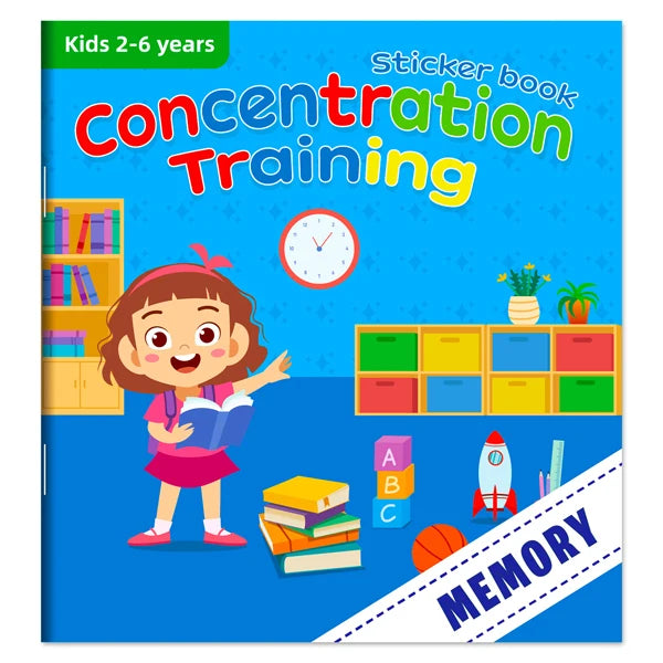 A children's sticker book titled Concentration Training featuring colorful illustrations and learning activities for toddlers