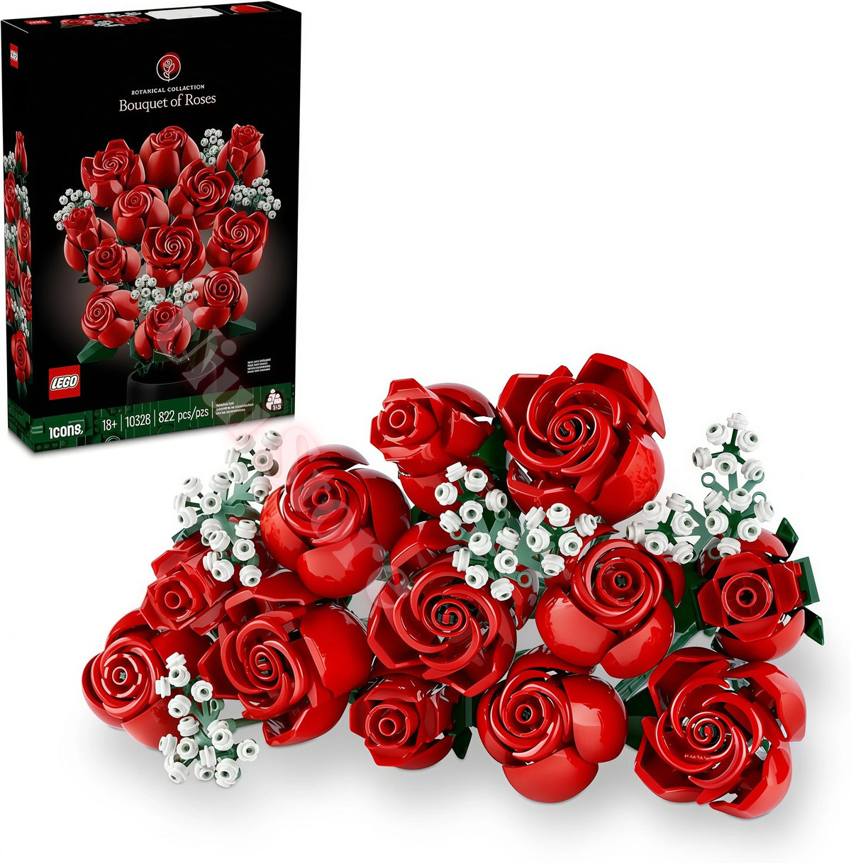 A LEGO set featuring a bouquet of red roses built from building blocks.