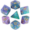 A set of polyhedral dice featuring a galaxy or cosmic effect with various colors and numbers.
