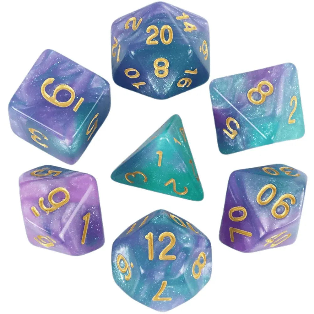 A set of polyhedral dice featuring a galaxy or cosmic effect with various colors and numbers.