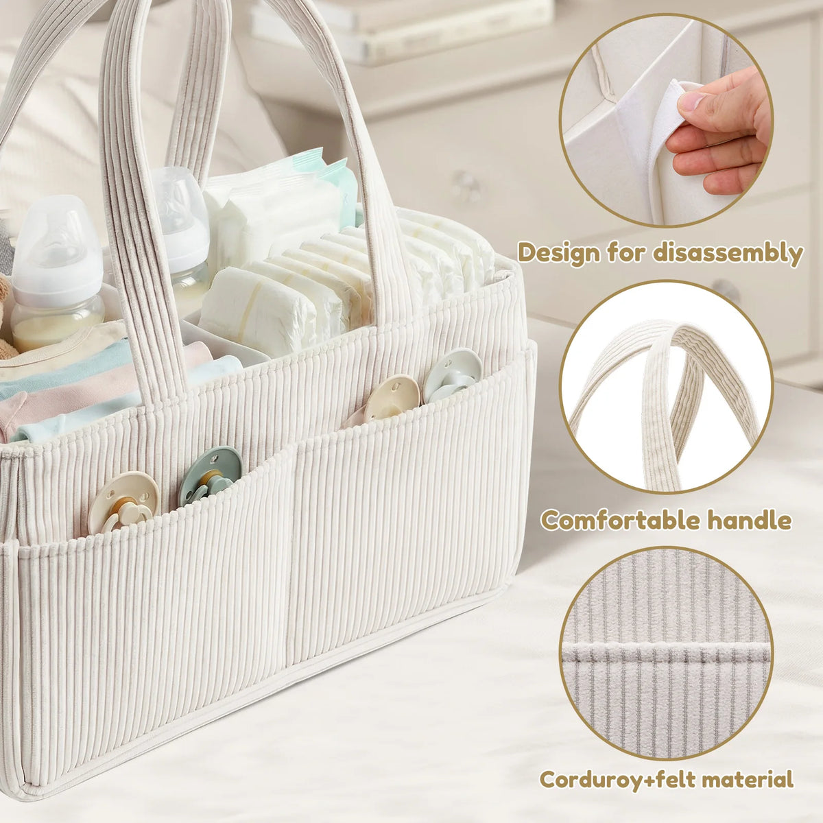 Corduroy Baby Diaper Caddy Organizer with Dividers