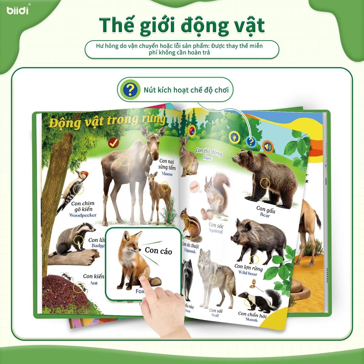 A colorful bilingual interactive talking book featuring various animals like deer, bear, fox, and squirrel.