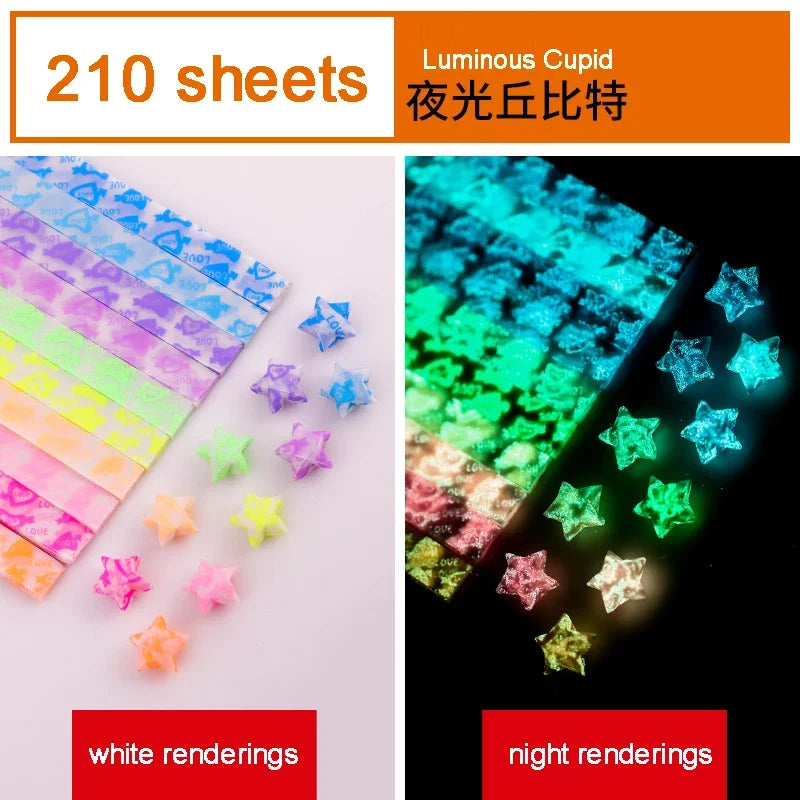 A collection of 210 sheets of luminous cupid star strips in various colors, shown alongside night renderings.