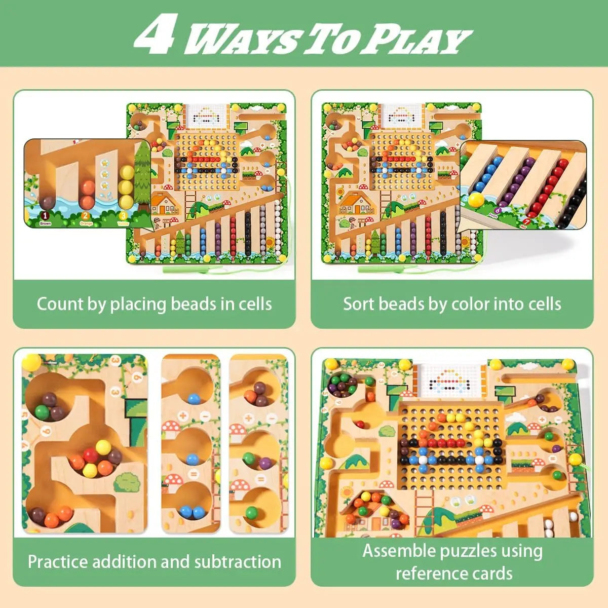 Four ways to play a wooden magnetic maze puzzle board for toddlers including counting sorting and addition subtraction