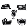 A set of four black cat enamel pins featuring various cat faces and silhouettes.