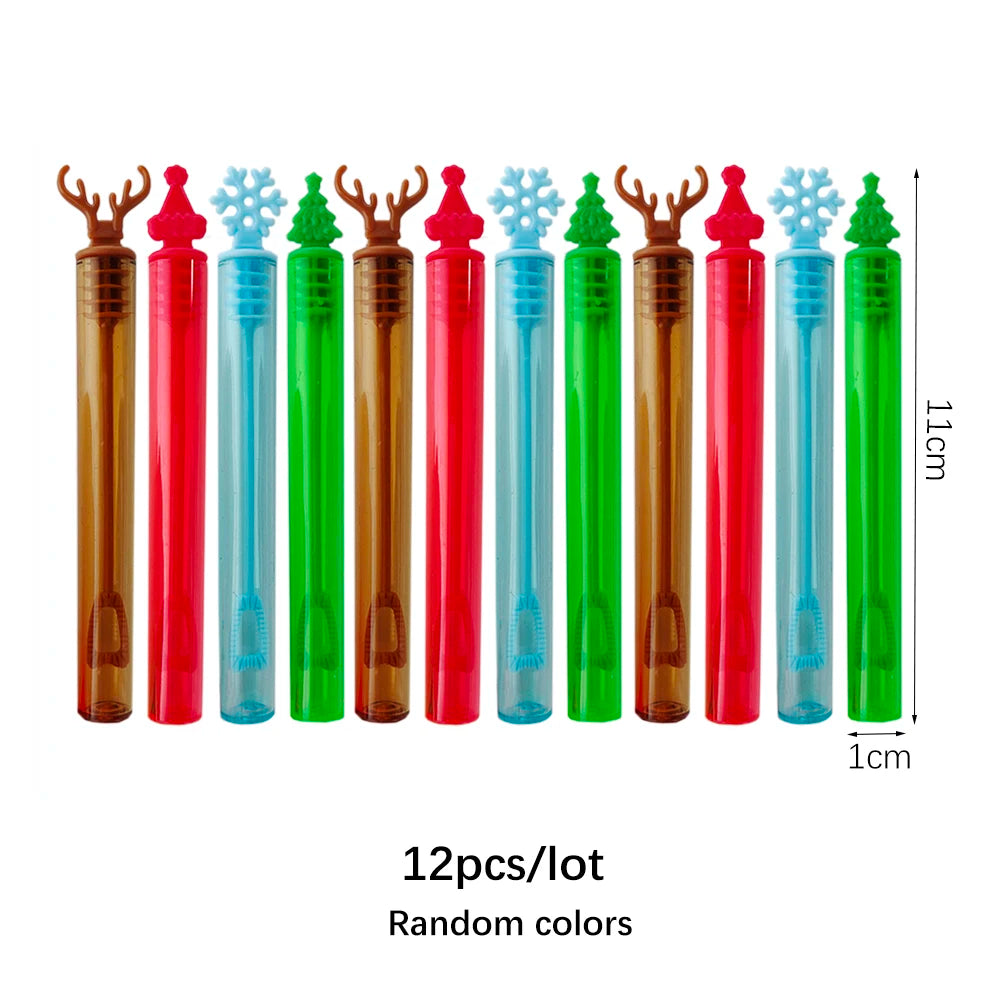 A row of twelve mini bubble wands in various colors, including red, green, blue, and orange.