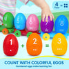Colorful numbered eggs 1 through 8 are shown with a plus sign and equal sign for counting practice.